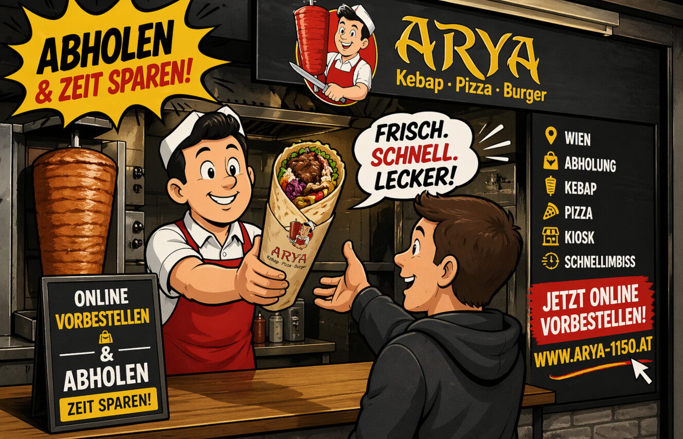 Werbeplakat für Arya Kebap in Wien mit Kiosk-Fassade, Döner Kebap, Pizza, Maskottchen-Koch und Hinweis auf Online-Vorbestellung zur Abholung – Schnellimbiss ohne Zustellung.
